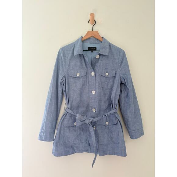 Talbots Newport Chambray Belted Utility Jacket Medium Blue Cotton Shacket Coat - Picture 3 of 10